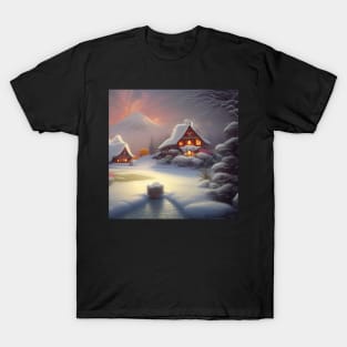 Magical Fantasy Cottage with Lights In A Snowy Scene, Scenery Nature T-Shirt